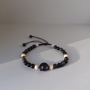 Men's natural black obsidian stone& Black onyx skull hand woven bracelet